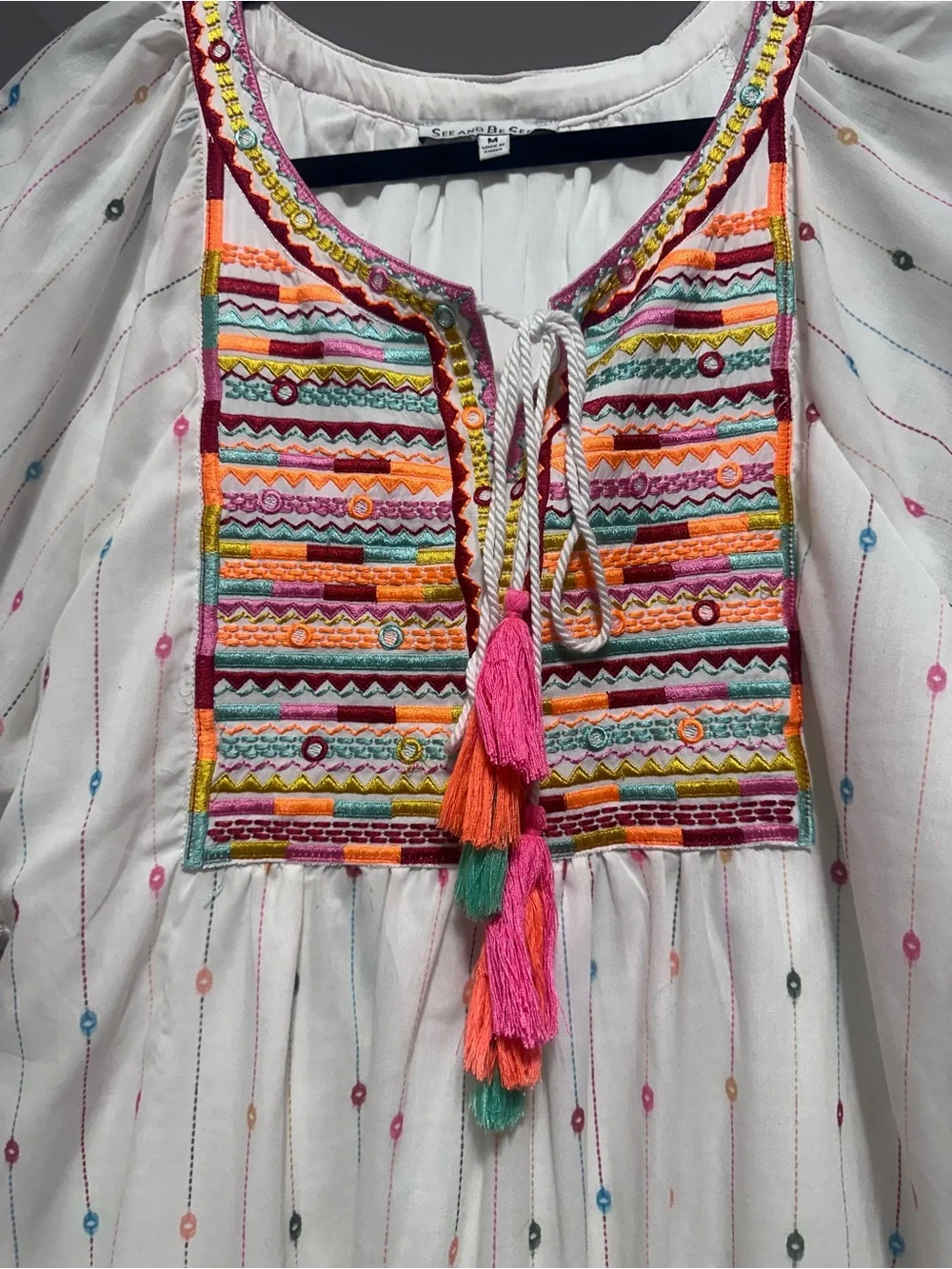 White Boho Embroidered Maxi Dress with Multicolor Trim - Picture 4 of 6